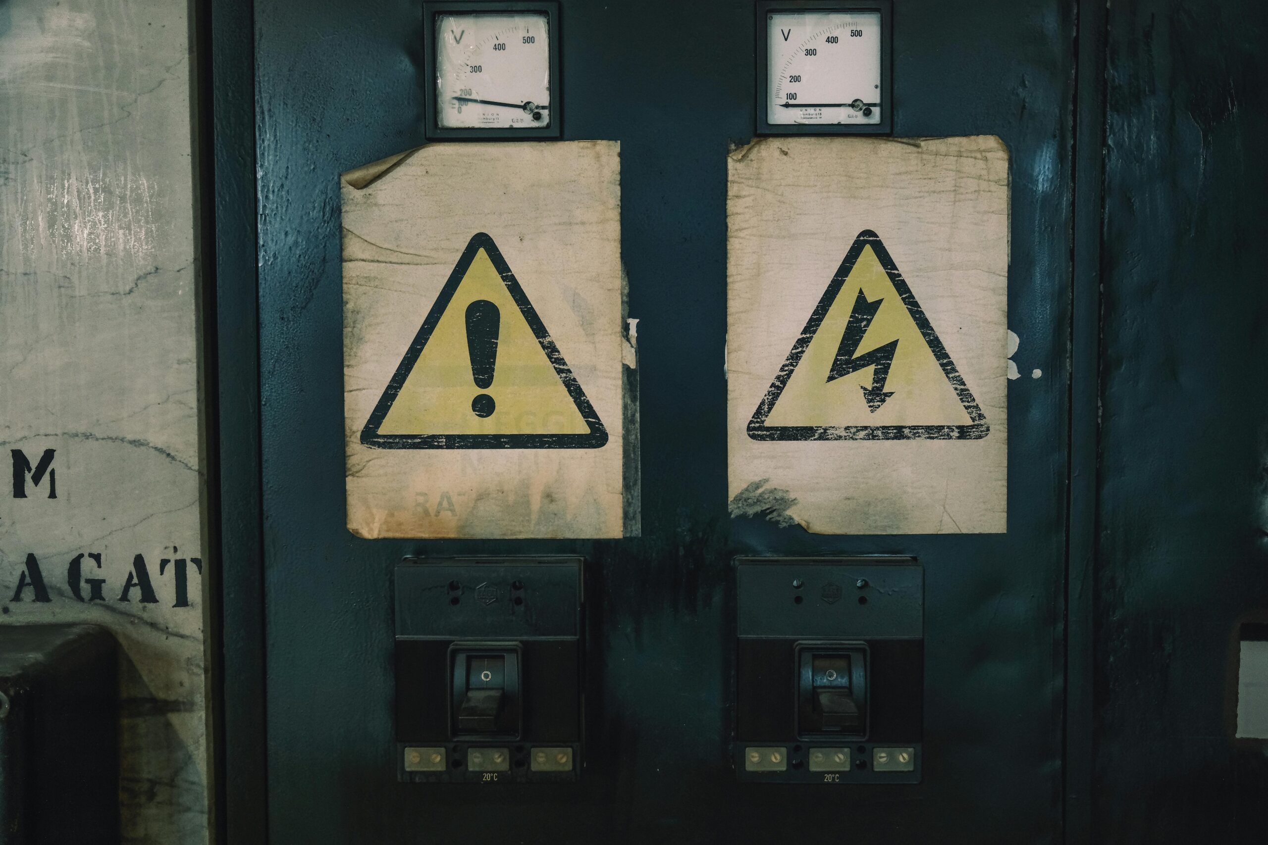 Usługi Close-up of industrial warning signs on an aged electrical panel.